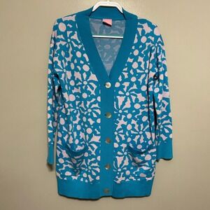 ban.do Cardigan Sweater Womens S/M Teal Pink Floral Intarsia V-Neck Cashmere Art